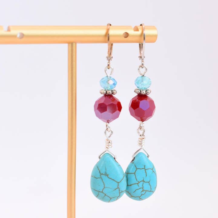 Chic Brico - Wholesale Dangle Earrings - Turquoise, Silver & Red Crystal Teardrop Dangle Earrings