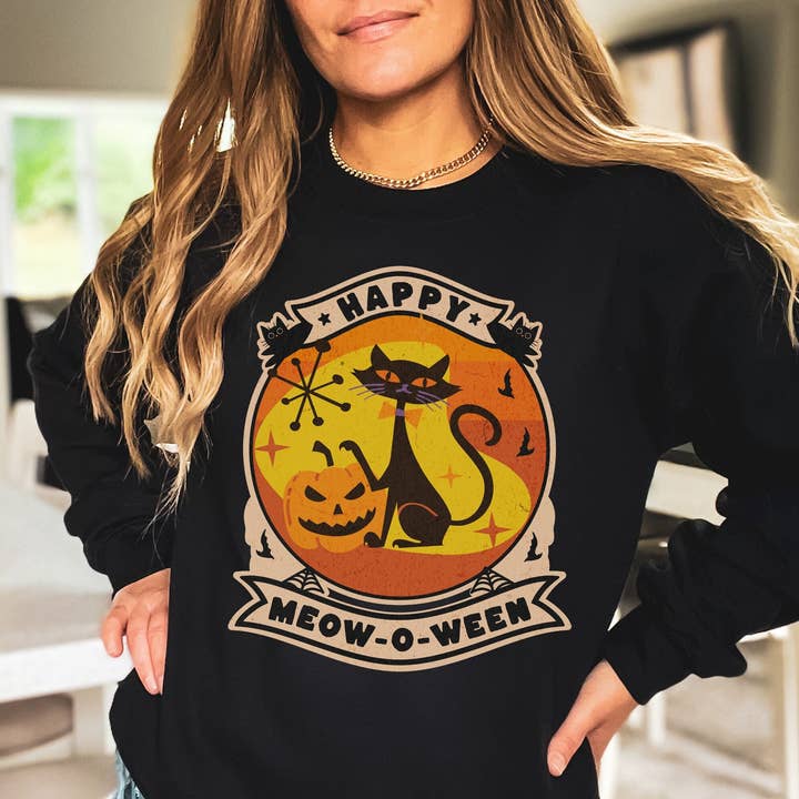 Retro Groovy Happy Meow-O-Ween Halloween Crewneck Sweatshirt for wholesale by Sweet party Place