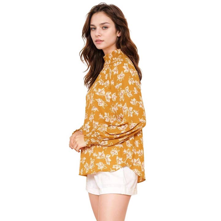 Pleione Women's Smocked Neck Top in Floral Mustard for wholesale on Faire2