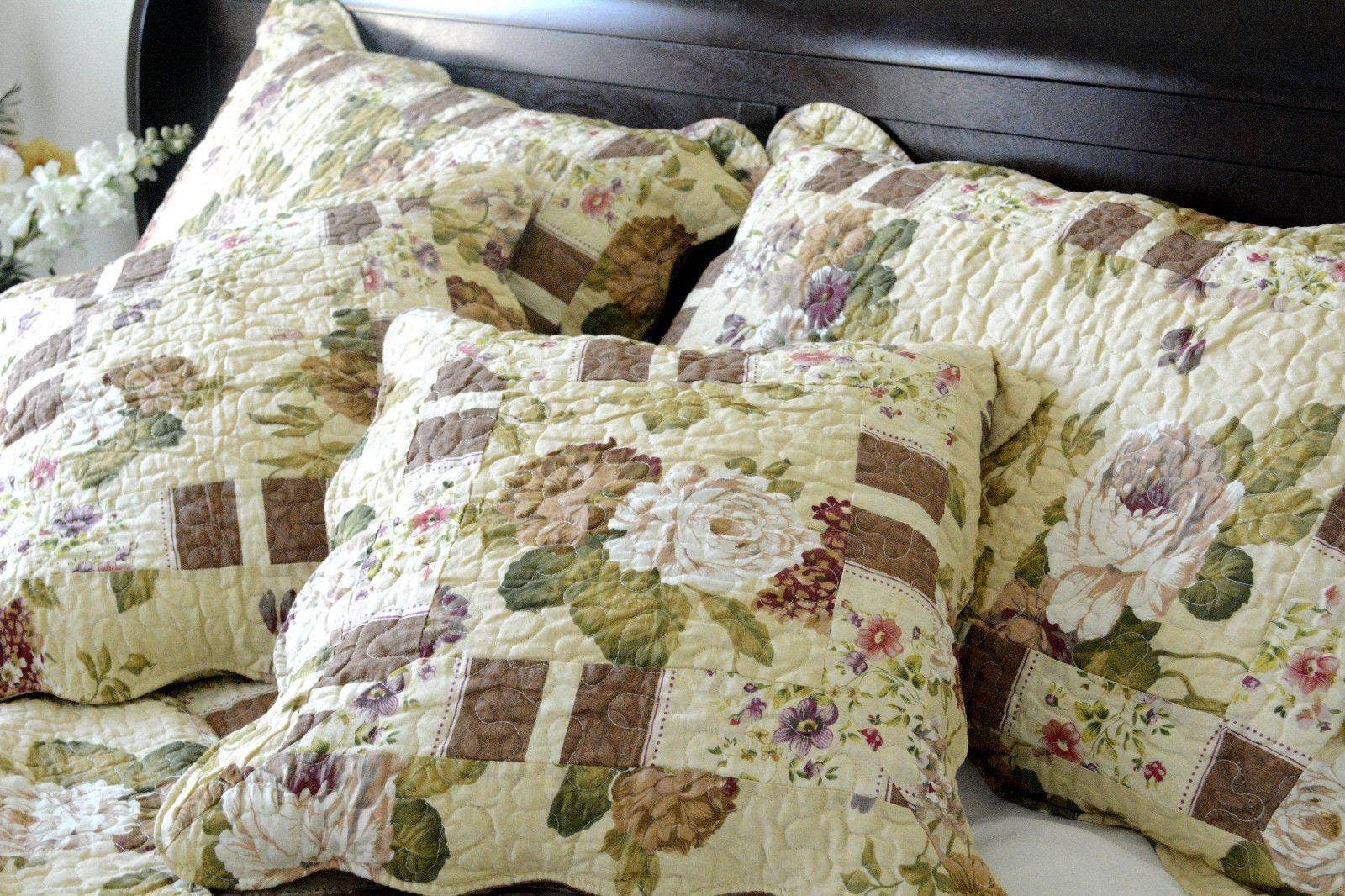 DaDalogy Bedding - Wholesale Bedding Set - DaDa Bedding Vintage Cottage Rose Garden Floral Ivory Yellow Cotton Scalloped Quilted Bedspread Set (DXJ103478)5