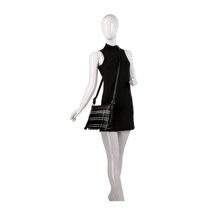 Black Studded Stone Fringed Shoulder Bag for wholesale on Faire