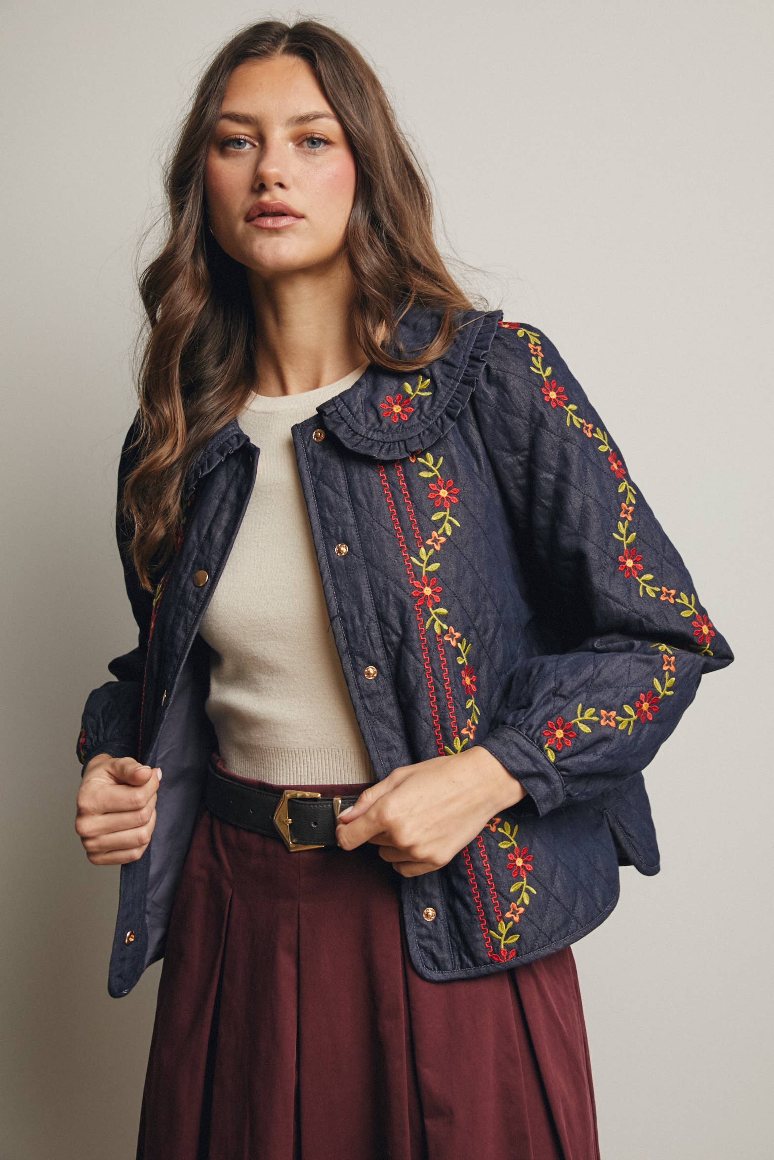 Midnight Indigo Embroidered Quilted Denim Jacket FJ0008 for wholesale on Faire4
