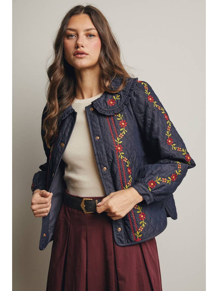 Midnight Indigo Embroidered Quilted Denim Jacket FJ0008 for wholesale on Faire4