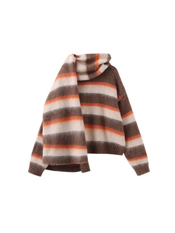 CUBIC - Wholesale Cardigan - Women's - Striped Color Block Wool Knit Cardigan With Scarf3