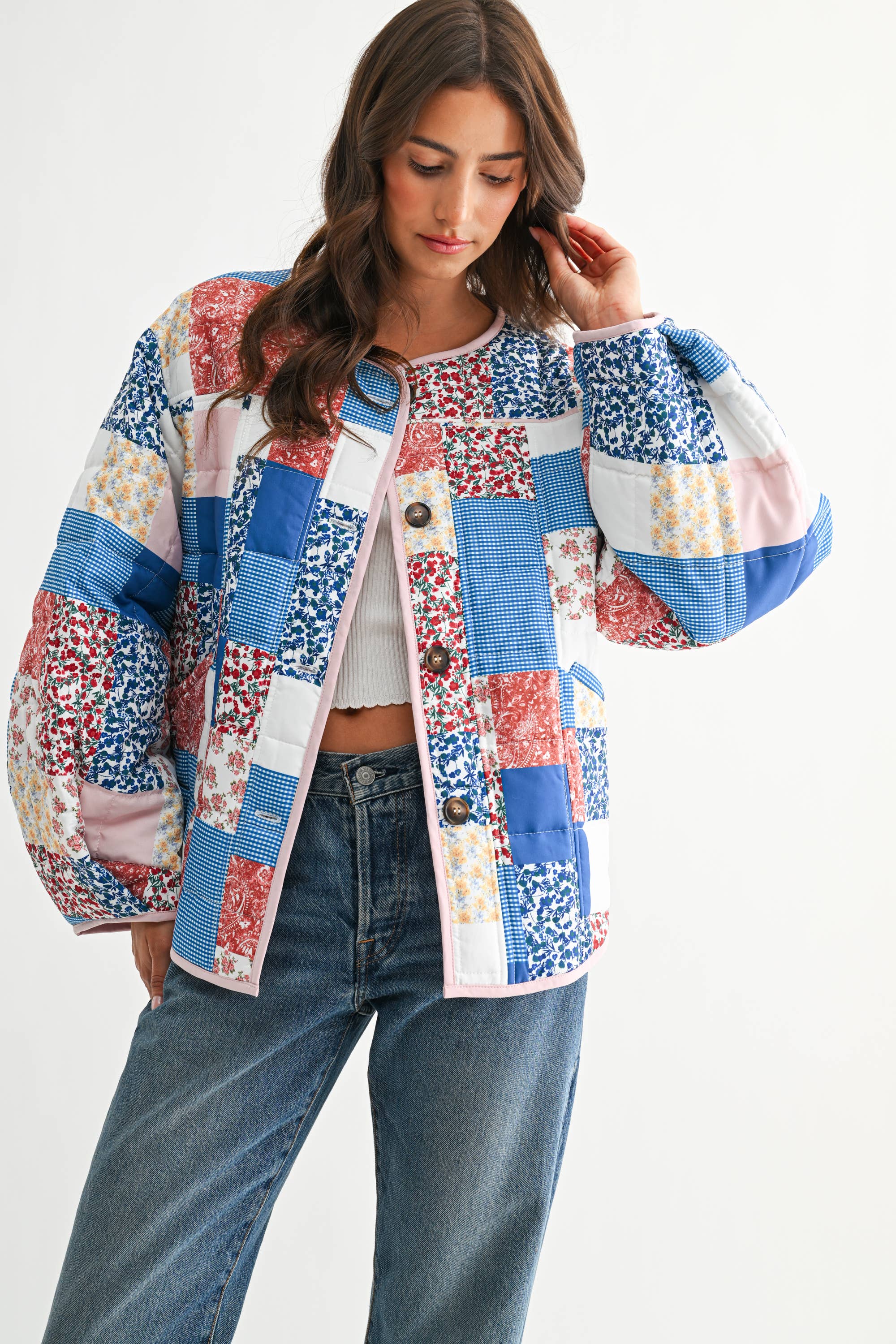 BLUE MULTI CJJ26871 PATCHWORK BLISS QUILTED JACKET for wholesale on Faire5