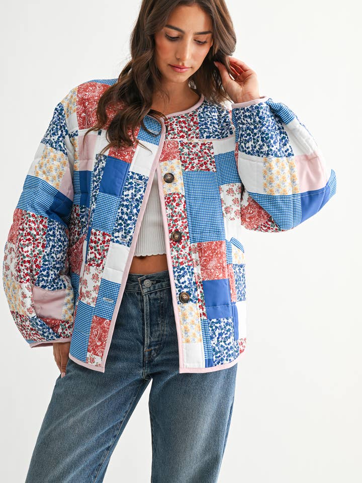 BLUE MULTI CJJ26871 PATCHWORK BLISS QUILTED JACKET for wholesale on Faire5