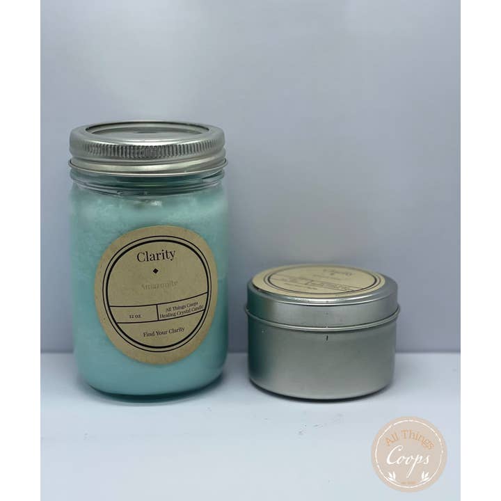Clarity Candle - Amazonite Candle, Eucalyptus Candle, Reiki Healing Candles, Healing Crystals Candle for wholesale by All Things Coop