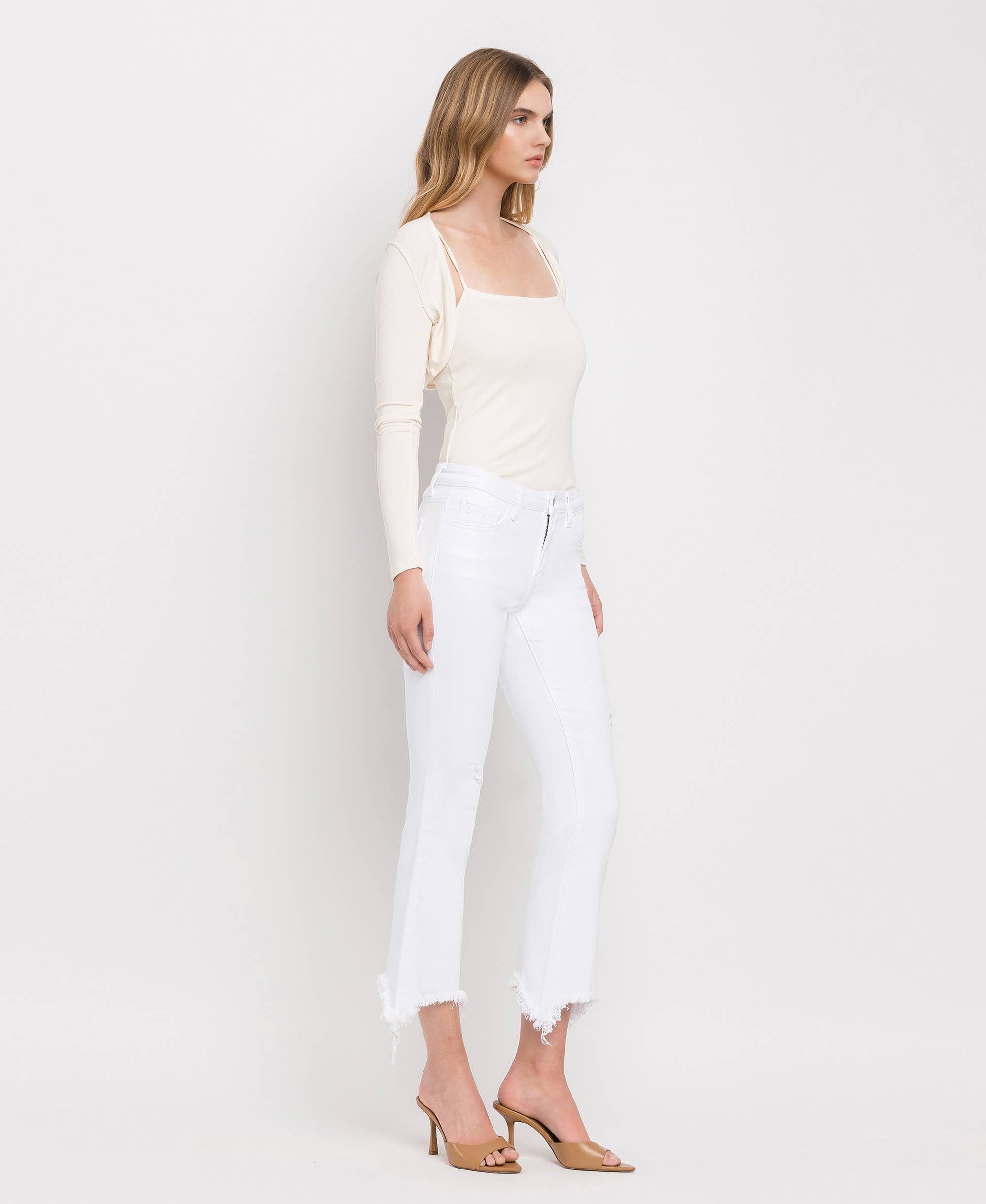 OPTIC WHITE MID RISE DISTRESSED HEM ANKLE BOOTCUT JEANS T6047WH for wholesale on Faire5