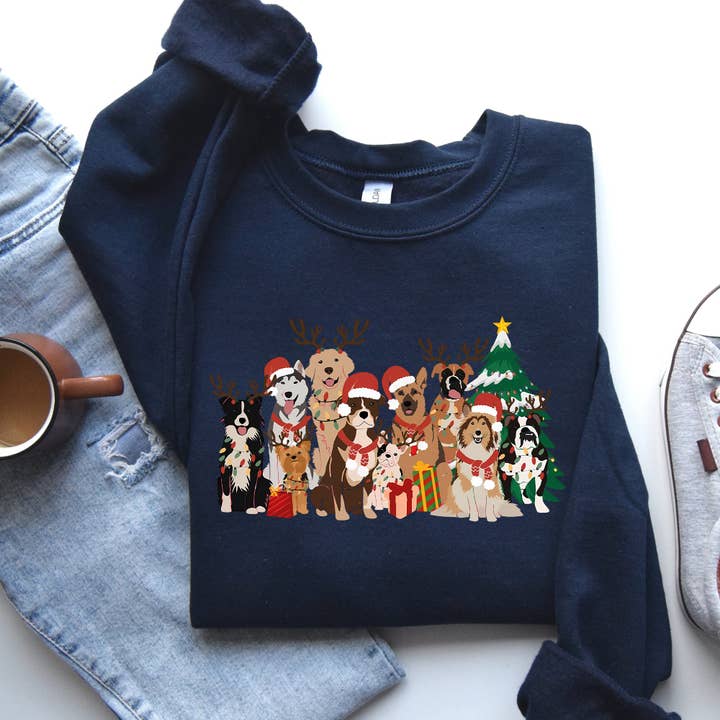 Refinery Number One LLC - Wholesale Graphic Sweatshirt - Unisex - Christmas Dogs, Antlers, Reindeer Santa Dog Lover Sweatshirt