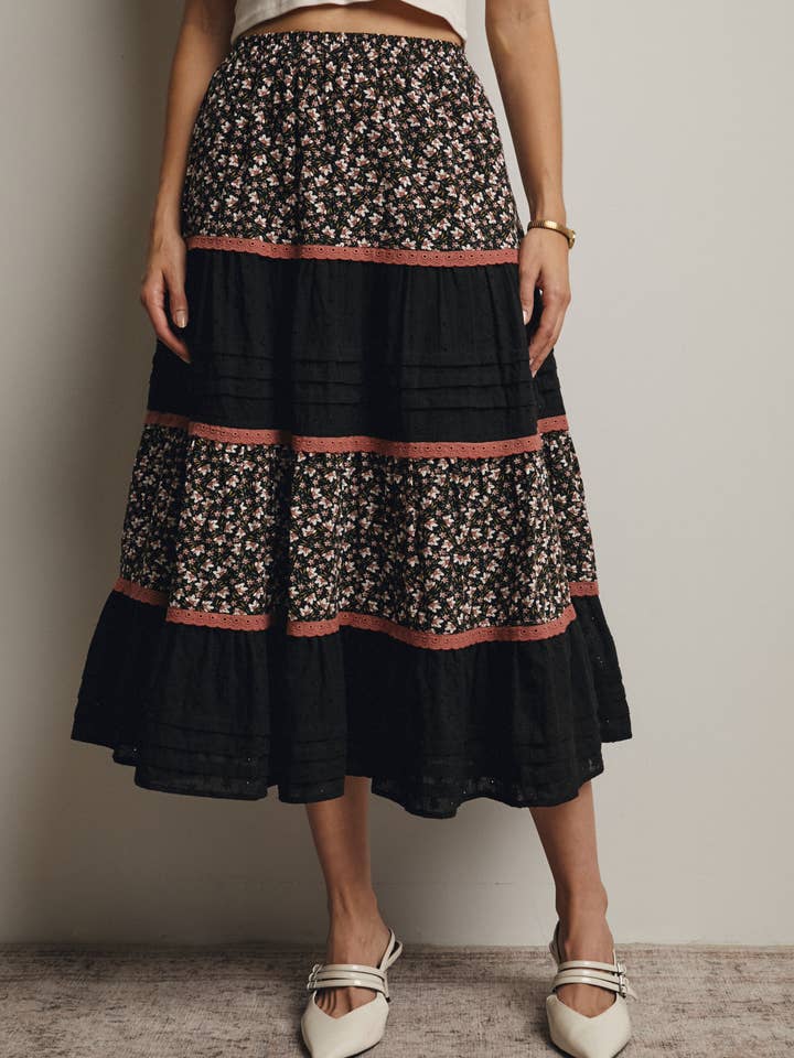 Bloemen Gelaagde Midi Rok FSK0011 voor wholesale door Forte