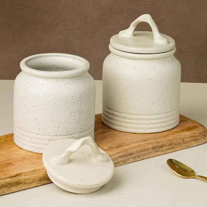 White Matte 700 ML Ceramic Jars Set of 2 with Air Tight Lid for wholesale by GoGlocal