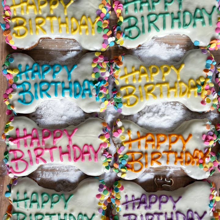 6 inch Yogurt Confetti Happy Birthday bone dog treats for wholesale by YumYum4DOGS