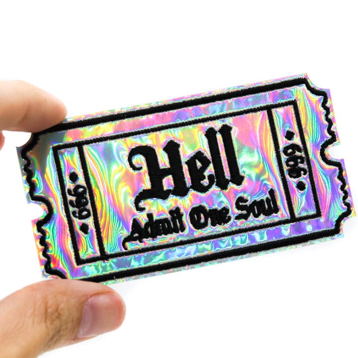 Silver Holo Hell Admit One Soul 666 Gothic Iron On Patch for wholesale by Project Pinup