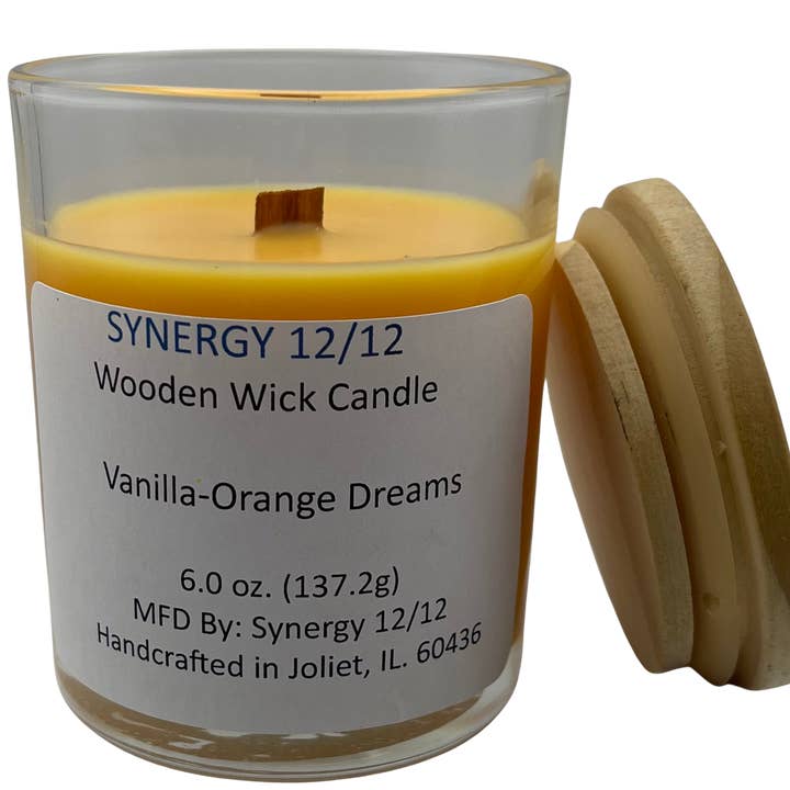 Vanilla-Orange Dreams Wooden Wick Candle 6.0 oz (137.2g) for wholesale by Synergy 12/12