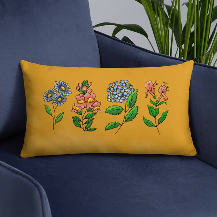 Floral Illustration Throw Pillow, Yellow Flower Art Pillow for wholesale by emilyckohl