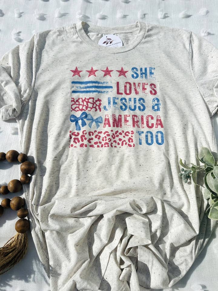 She Love Jesus & America Too Patriotic Christian Tee for engroshandel hos Only Grace Company
