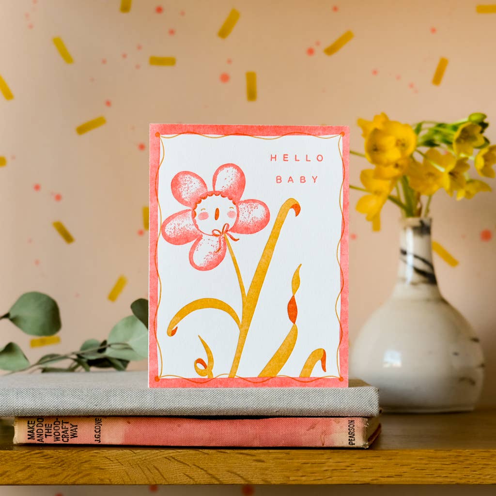 Homework Letterpress Studio – postal de bebé por atacado – Olá Bebé | Flor Cor-de-Rosa | Cartão Letterpress1