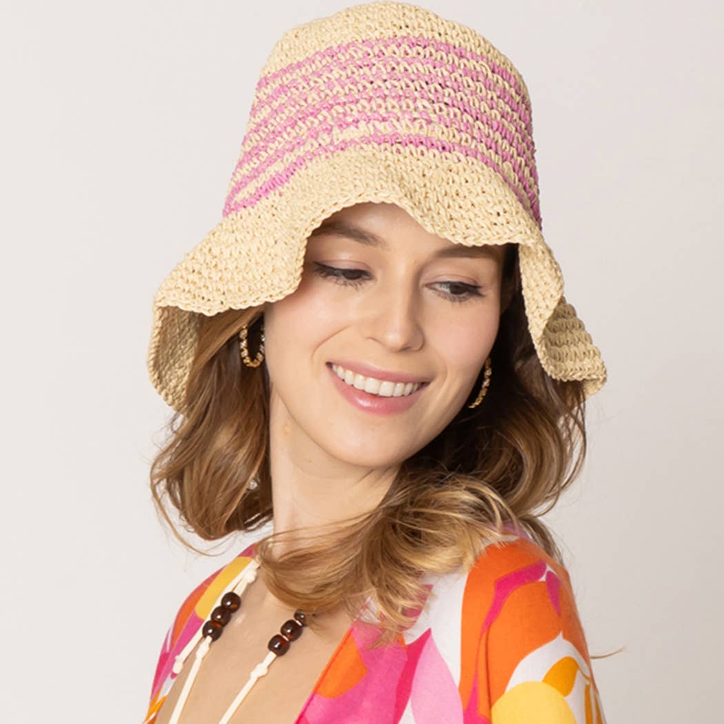 Fashion City - Wholesale Bucket Hat - Women's - Two Tone Stripe Straw Crochet Bucket Hat10