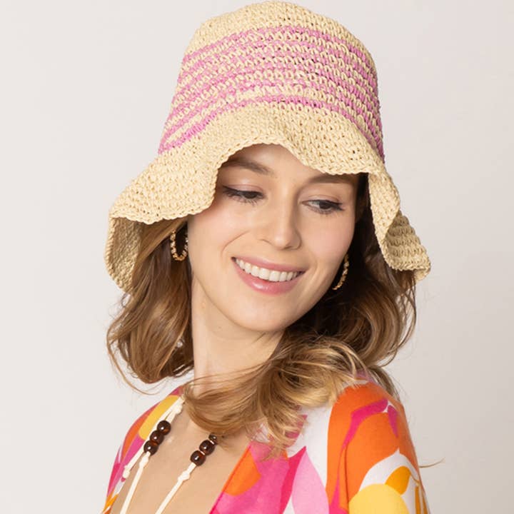 Fashion City - Wholesale Bucket Hat - Women's - Two Tone Stripe Straw Crochet Bucket Hat10