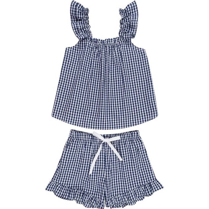 Women's Hepburn Gingham Navy Frill Tank PJ Set for wholesale by Sant and Abel