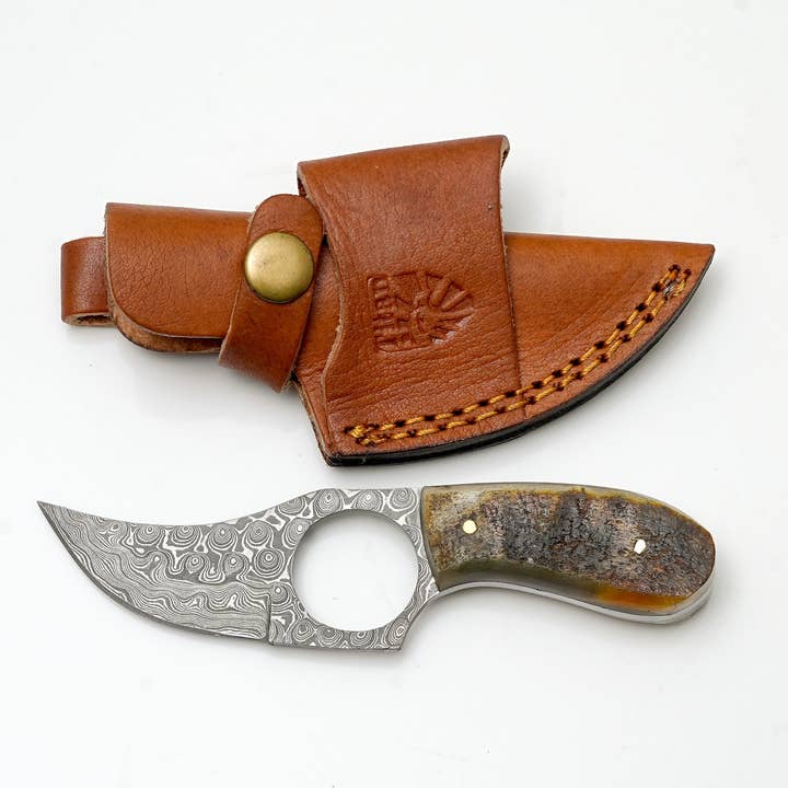 Hand-Forged Damascus Ring Skinner | Natural Ram Horn Handle | Secure Finger-Loop Field Knife TK-472 for wholesale by Titan International