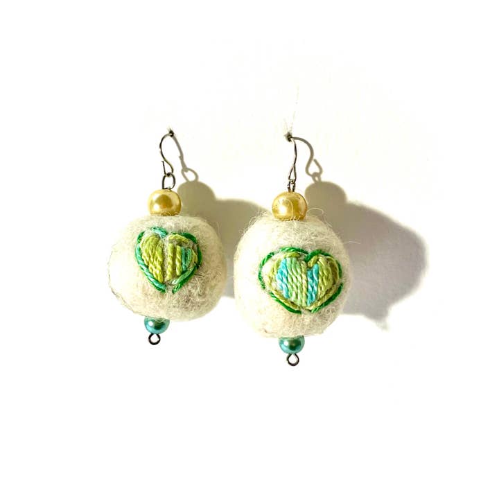 Handmade Green Embroidered Heart Felt Ball Drop Earrings for wholesale by Dotted Sky