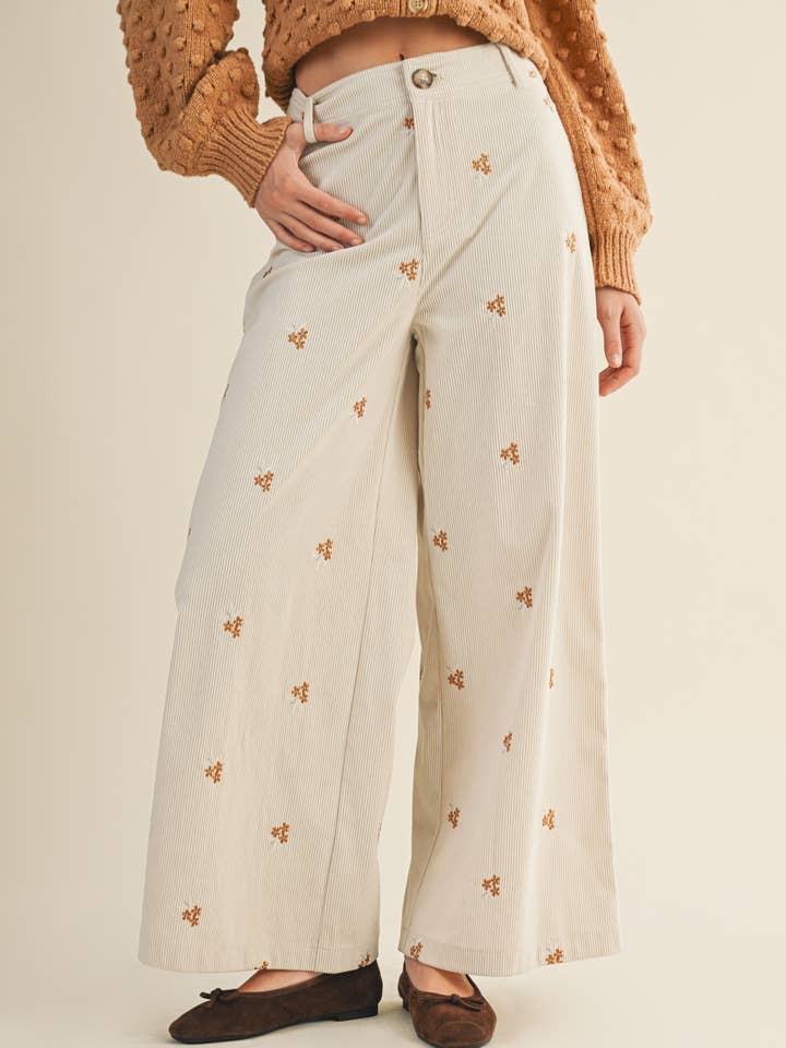 EMBROIDERED CORDUROY WIDE LEG PANTS for wholesale by Mustard Seed