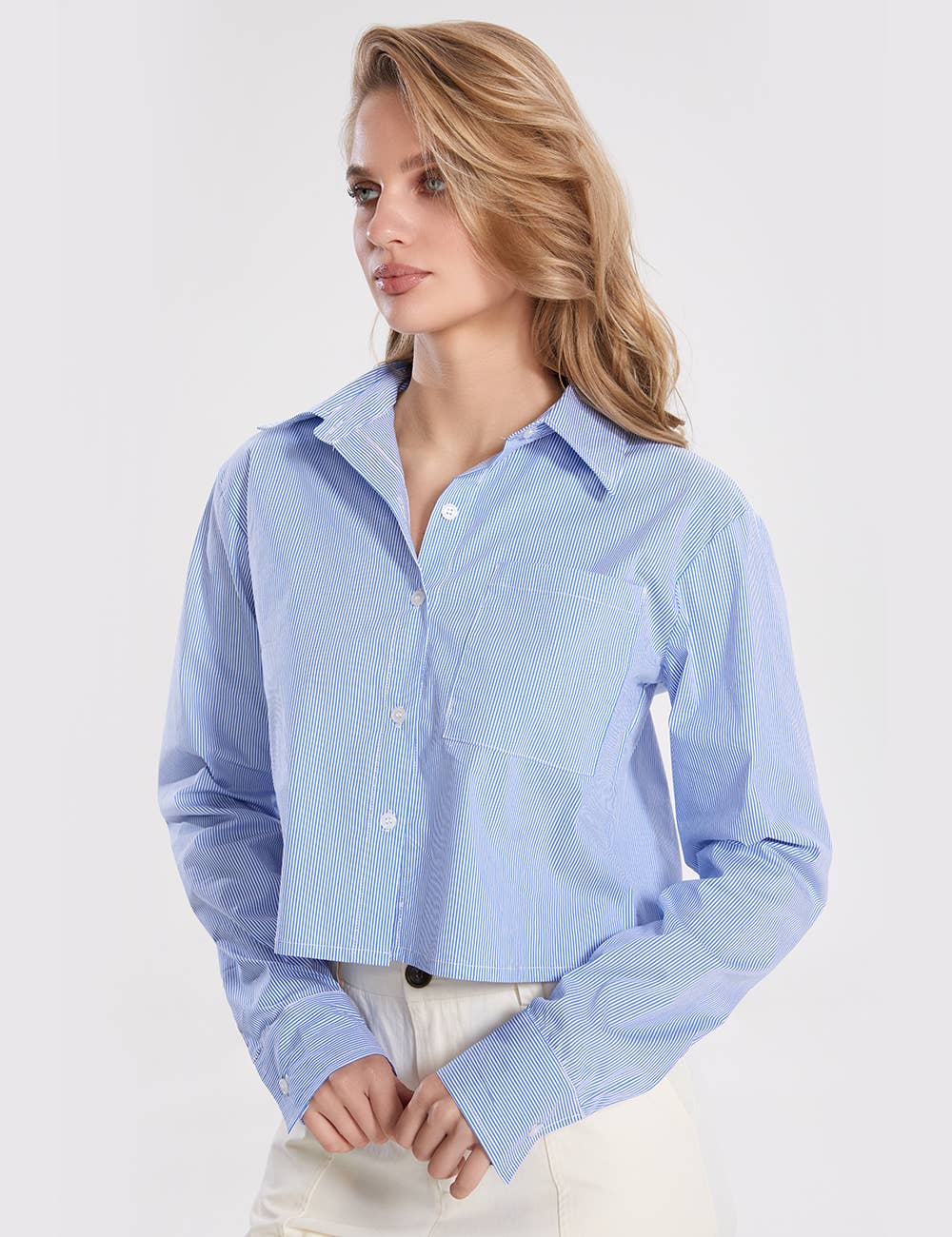 Bleu Chemise courte rayée à manches longues pour femmes SKT270 en vente sur Faire5