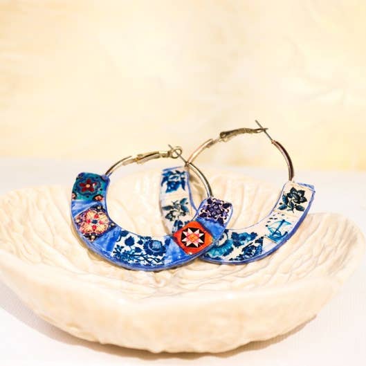 Flat Hoop Earrings With Portuguese Tiles, Lightweight Hoop E for wholesale by LUSO TILES JEWELRY