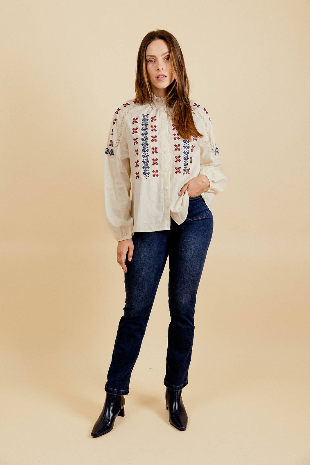 EMILIE K - Wholesale Button Down Shirt - Women's - SERVANE Blouse with embroidery and ruffled collar0