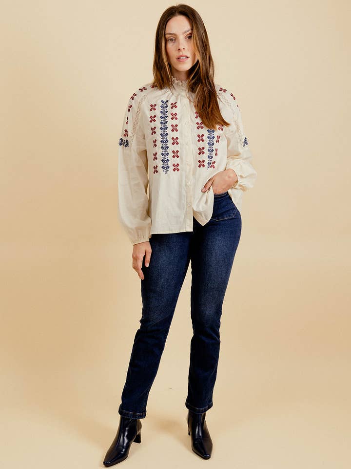 EMILIE K - Wholesale Button Down Shirt - Women's - SERVANE Blouse with embroidery and ruffled collar