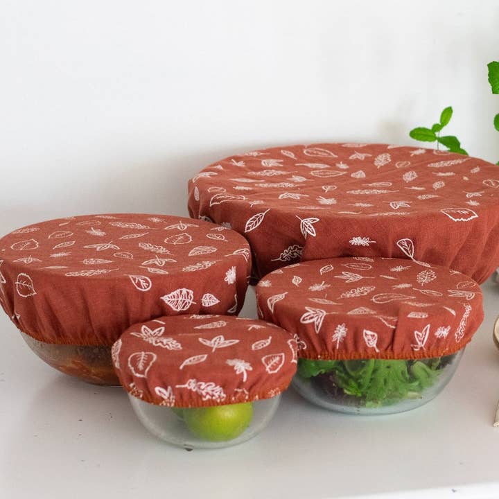 Linen Bowl Covers, Plastic Free, With Hand Printed Leaves for wholesale by Helen Round - hand printed linen and bamboo wellness