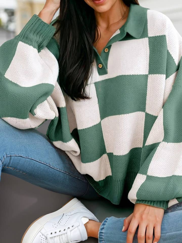 Checkered V Neck Long Sleeve Sweater | S-XL for wholesale by Aapparella