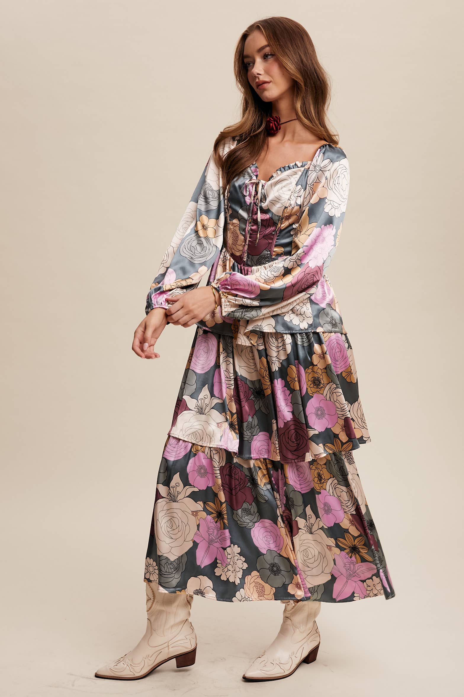 Listicle - Wholesale Dress - Women's - Floral Lace-Up Tiered Maxi Dress LD14487