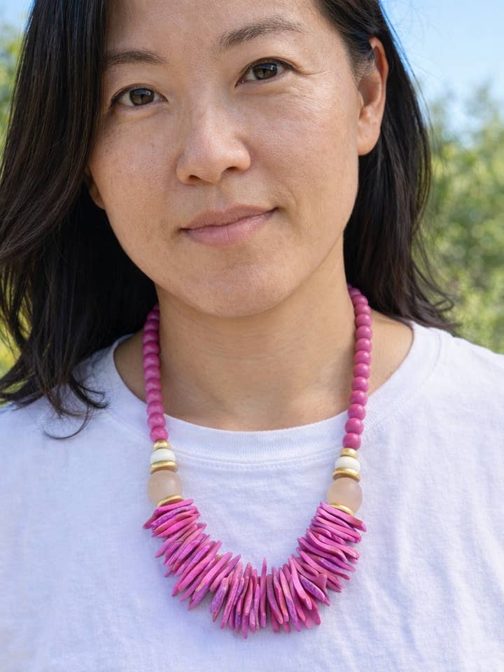 Magenta mid length flat beads statement necklace large for wholesale by April Mae Designs