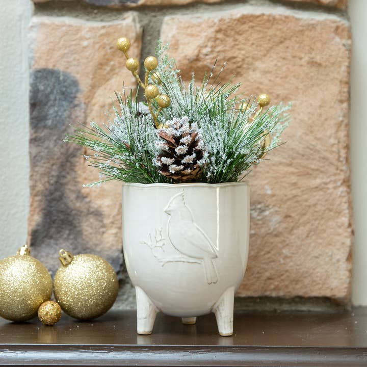Xmas Mix in 4.5"Cardinal Ceramic Footed Pot for wholesale by Flora Bunda Inc