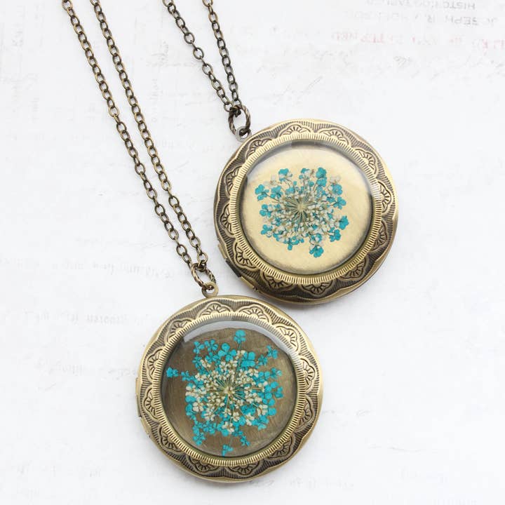 A Pocket of Posies - Wholesale Locket Necklace - Queen Annes Lace Floral Locket Necklace - Teal/Ivory
