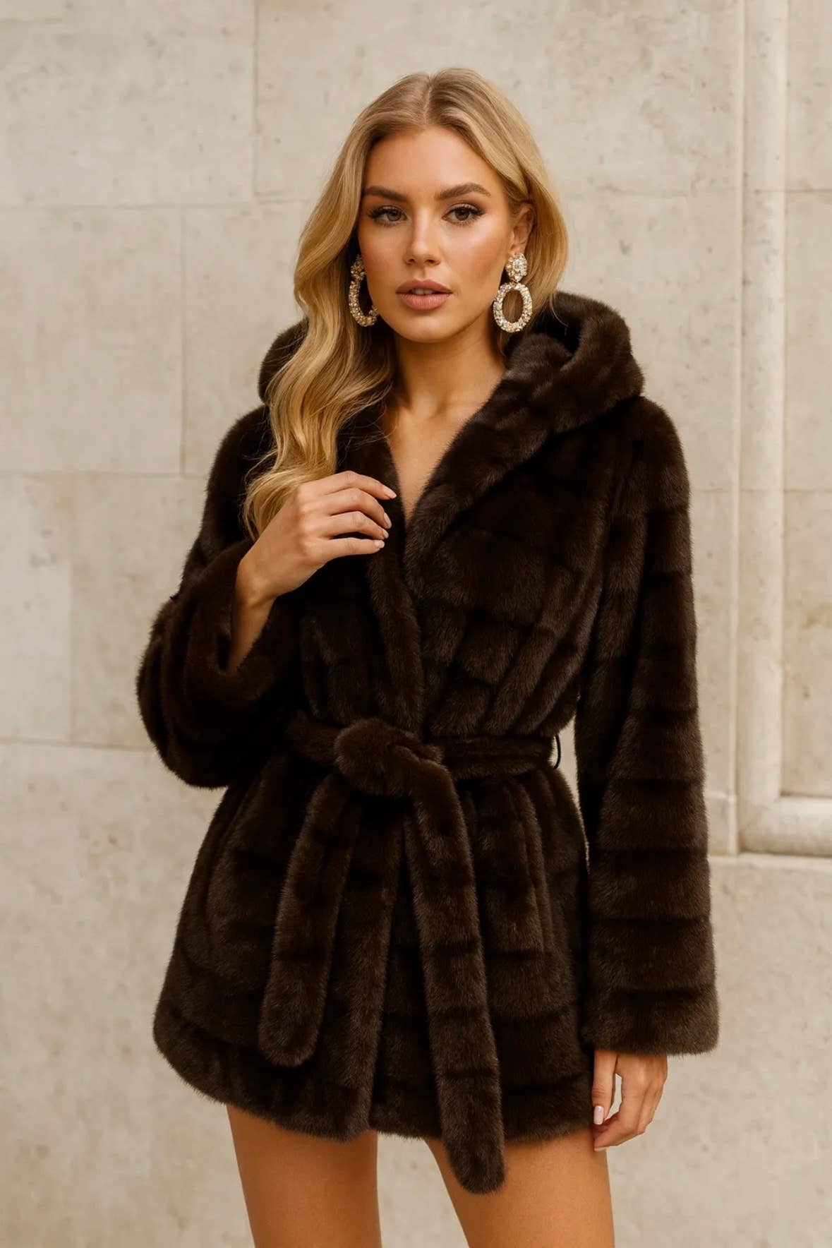 Frime - Wholesale Fur/Faux Fur Coat - Women's - Fur coat with hood and tie belt - 88061