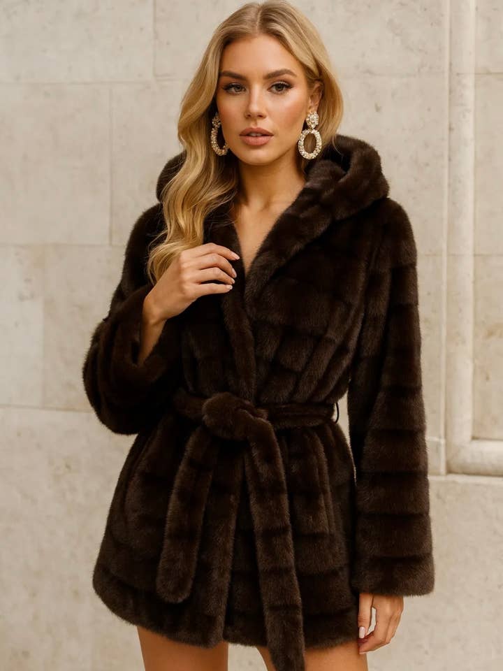 Frime - Wholesale Fur/Faux Fur Coat - Women's - Fur coat with hood and tie belt - 88061