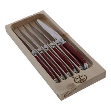 Jean Dubost 6 Steak Knives with Red Handles in Tray for wholesale by The French Farm