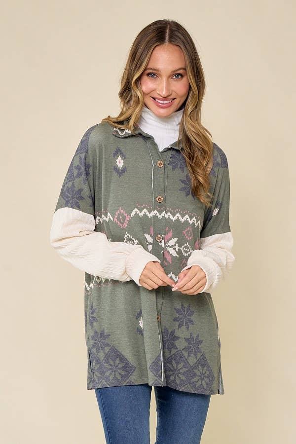 lovely melody - Wholesale Shirt Jacket/Shacket - Women's - LMT3653-Snowflake shacket Print6