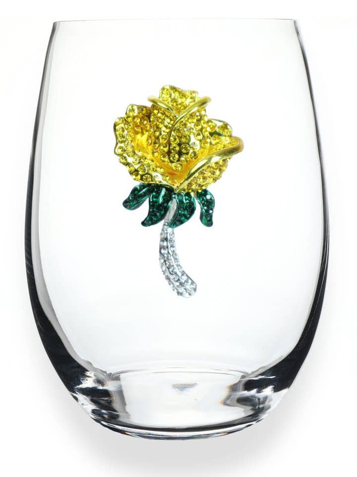 Yellow Rose Jeweled Stemless Wine Glass for wholesale by The Queens' Jewels®