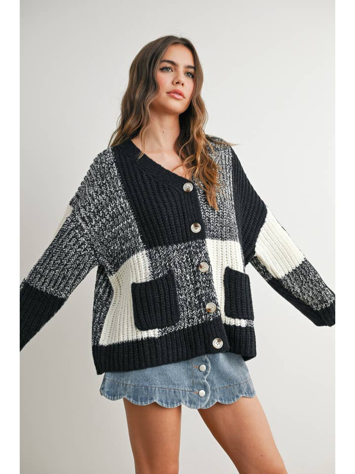 BUTTERMELON - Vente Cardigan – femme - Cardigan surdimensionné à carreaux à épaules tombantes - BMC760729