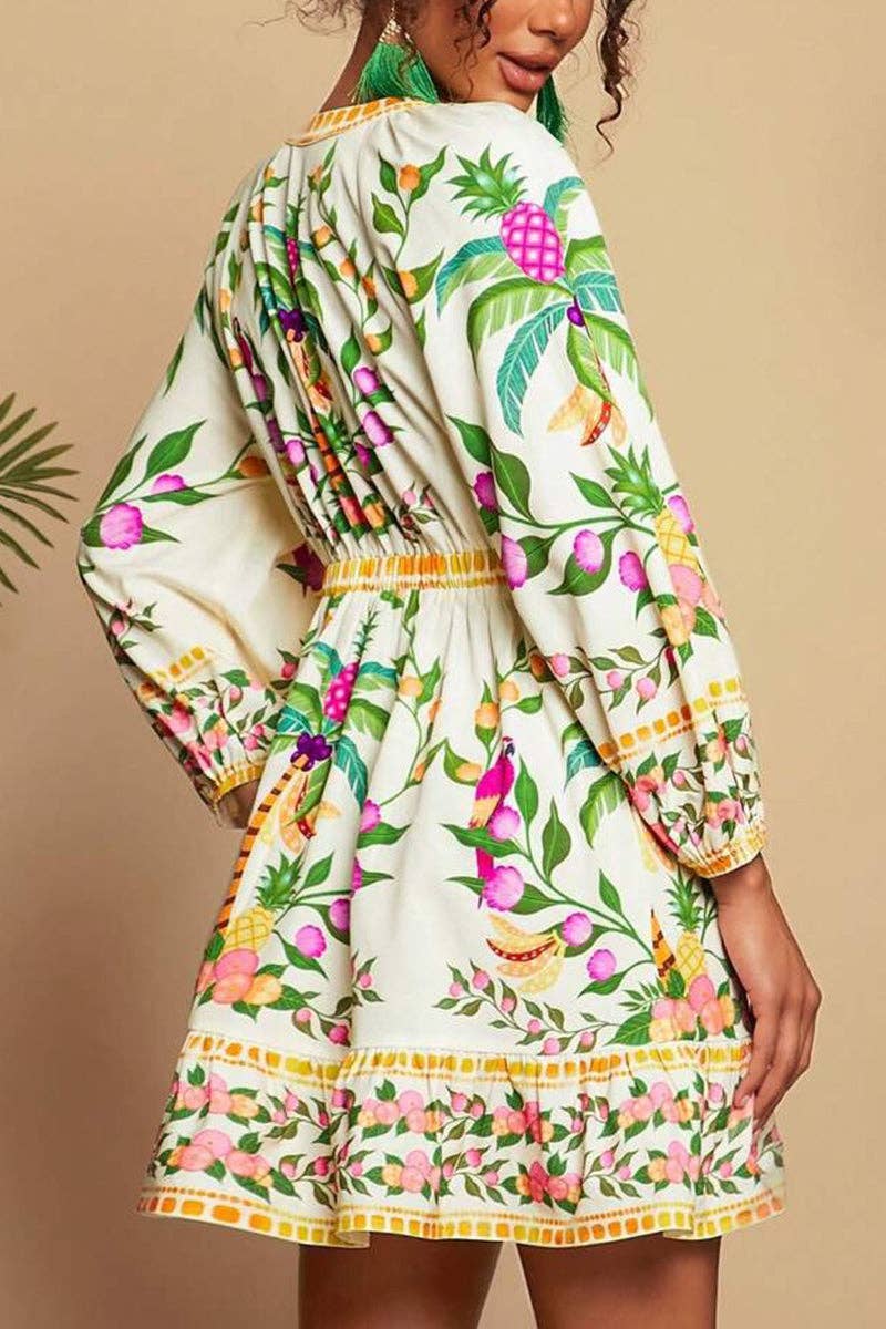 GREEN Tropical Print V-Neck Casual Dress for wholesale on Faire4