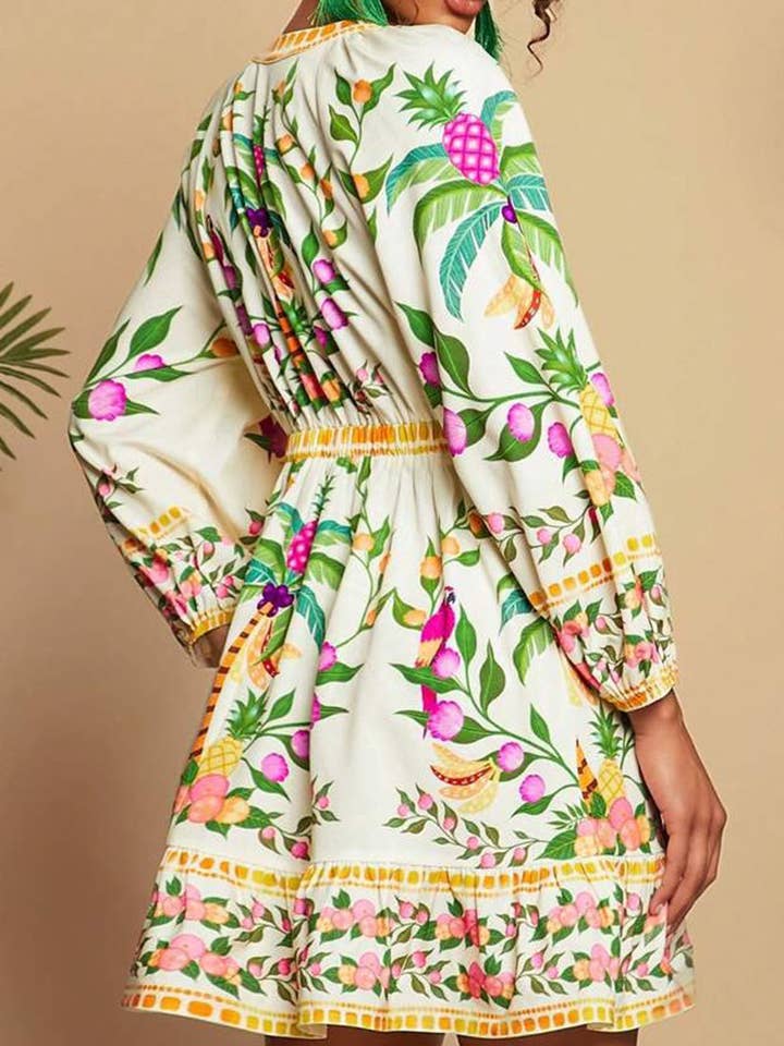 GREEN Tropical Print V-Neck Casual Dress for wholesale on Faire4