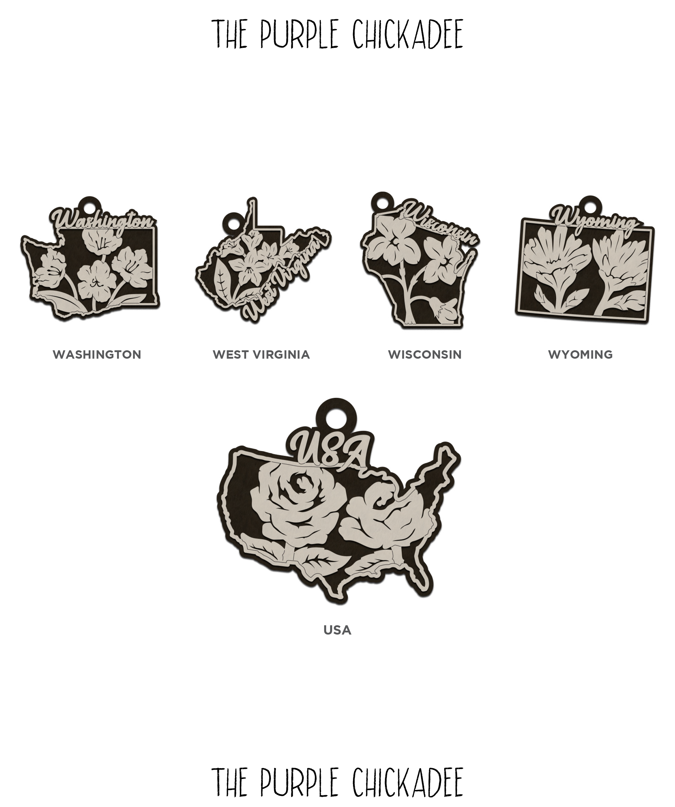 The Purple Chickadee - Wholesale Ornament - State Flowers Wooden Ornament - Choose Your State 4