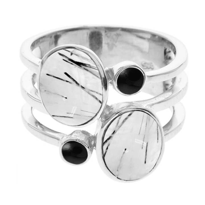 Amy tourmalated quartz & black onyx split band ring for wholesale by Kali Ma Designs - Sterling Silver Jewellery