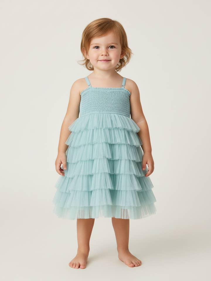 Mint Blue Tiered Tulle Dress with Nylon Net Frills and Adjustable Straps for wholesale by Yo Baby