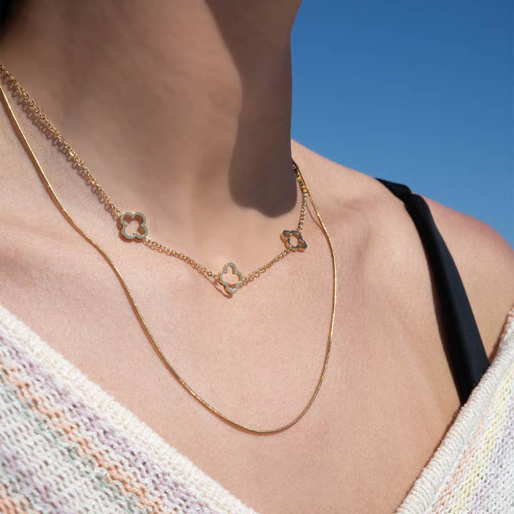 WJW - Wholesale Pendant/Charm Necklace - 18K Gold PVD Stainless Steel Layered Clover Charm Necklace