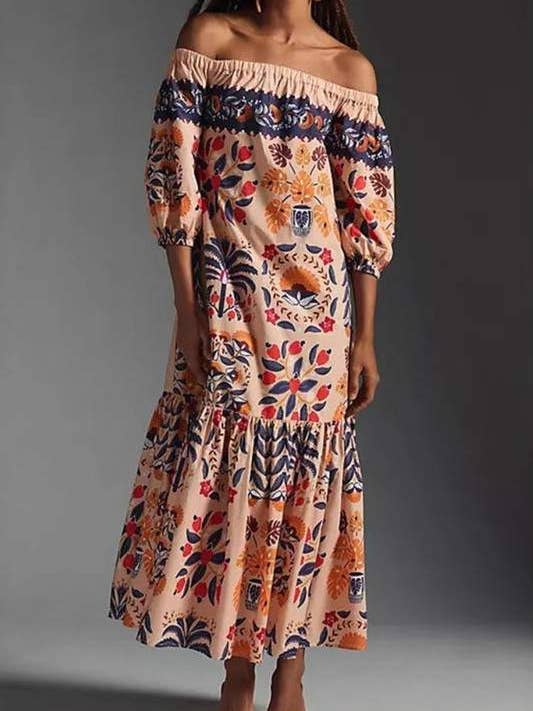 Abito Maxi Floreale Boho con Spalle Scoperte per la vendita all'ingrosso da parte di Fashion Combination